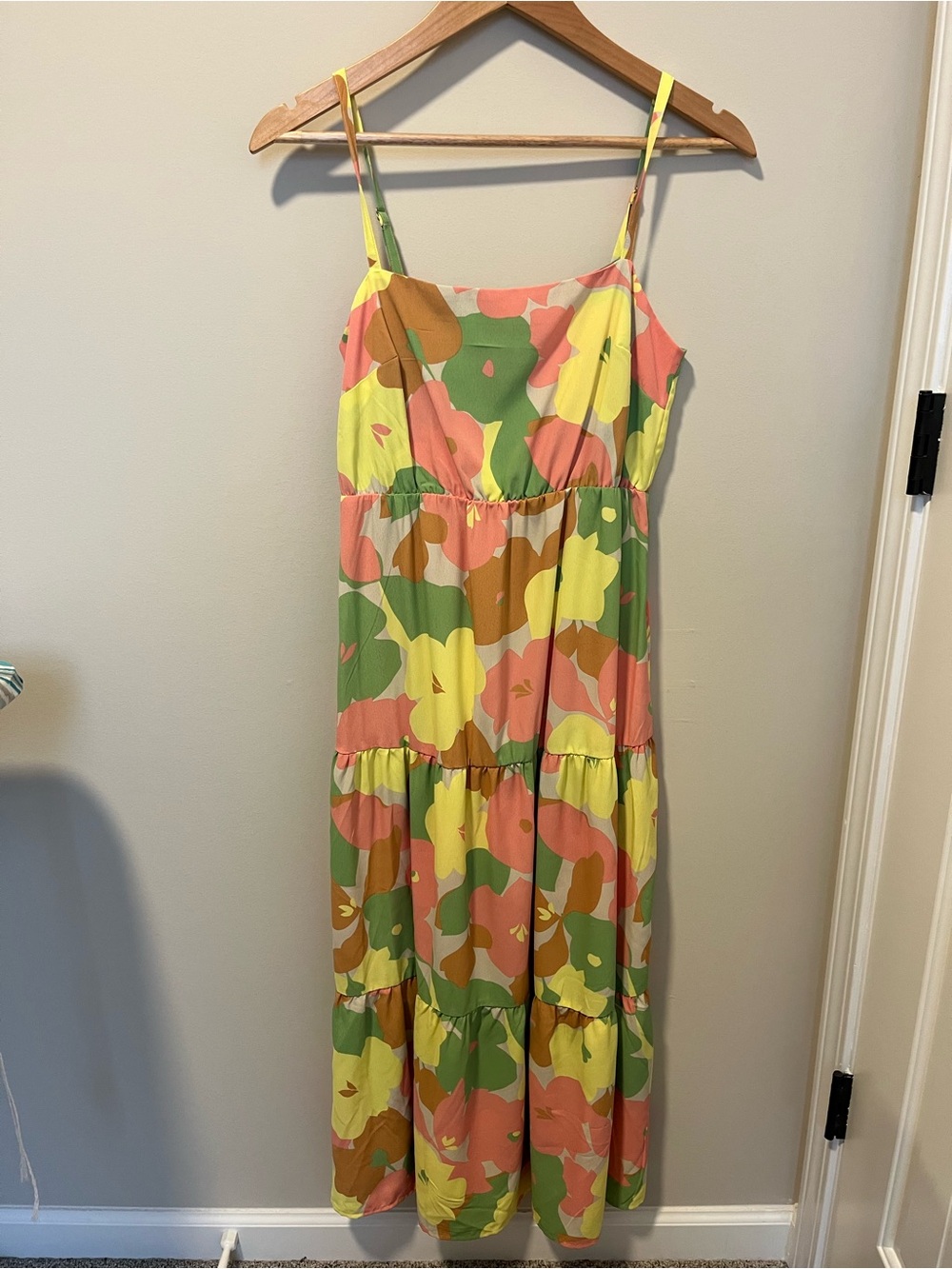 GFloral Print Spaghetti Strap Dress - Yellow, Green, Pink